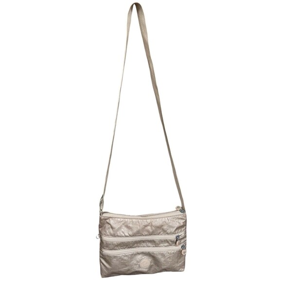 Kipling Crossbody Bag Metallic CHAMPAGNE Nylon ALVAR Zip Pockets Travel Purse - Picture 1 of 4